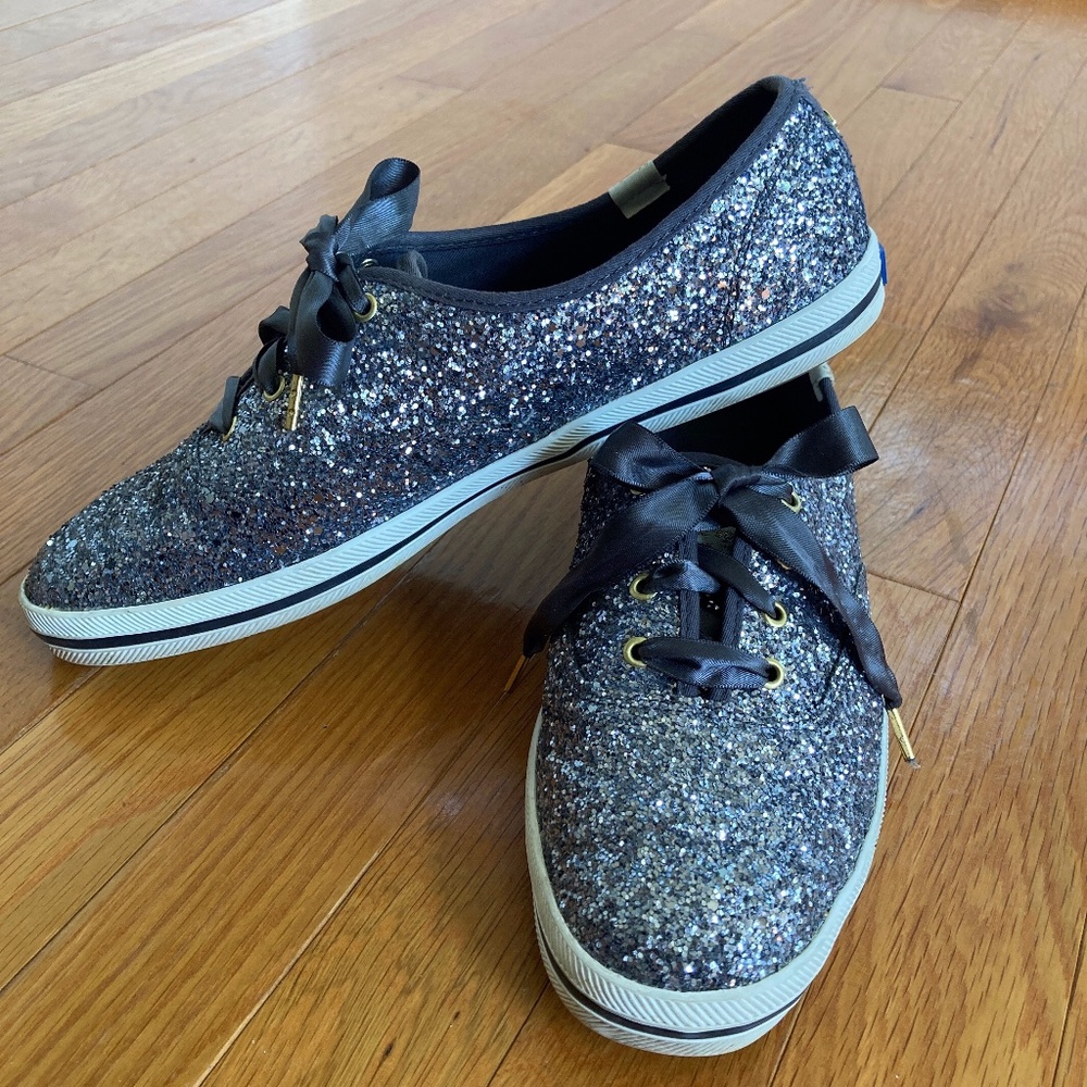 Kate Spade x KEDS - Sliver Glitter Sneakers w/ Ribbon Laces - 10